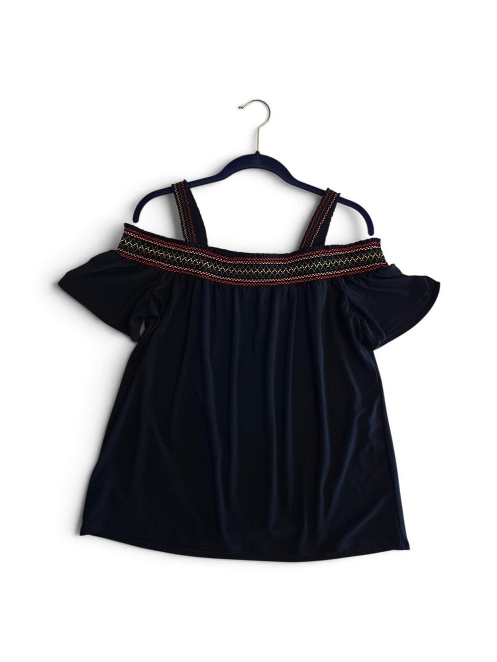 ​White House Black Market Cold Shoulder Embroidered Smocked Top